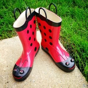 Women's Ladybug Red and Black Rain Boots Size 9